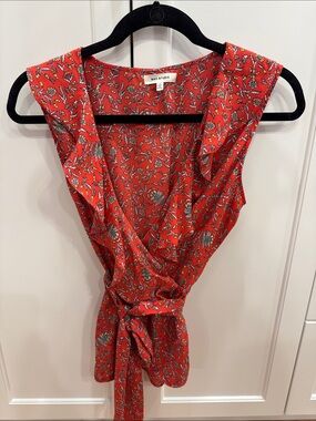 Max Studio Red Floral Tie-Waist Sleeveless Blouse